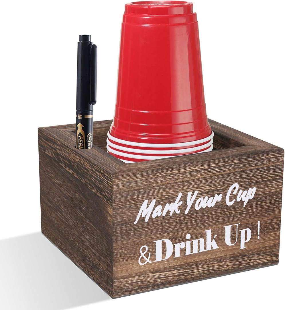 Wooden Cup Holder - Party Cup Holder with Marker Slot, for Party and Wedding, Rustic Disposable for Bar, Kitchen, Countertop, Home & Office, Brown