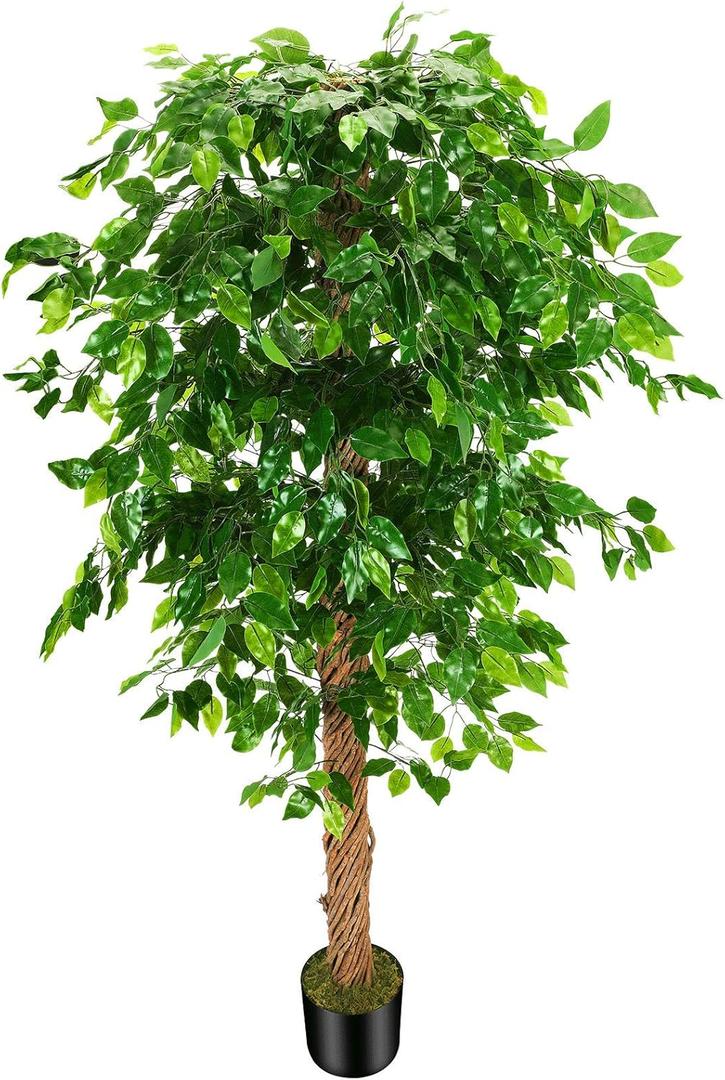 6ft Artificial Ficus Silk Tree (72in) with Plastic Nursery Pot Faux Tree, Fake Plant for Office House Farmhouse Living Room Home Decor (Indoor/Outdoor)
