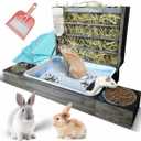 Extra-Large 4in1 Rabbit Litter Box with Hay Feeder Set for Small Pets - Durable Wood Guinea Pig & Bunny Litter Box with Hay Feeder, Food & Water Bowls, Drinking Bottle, Pee Mats, Dustpan & Brush Set
