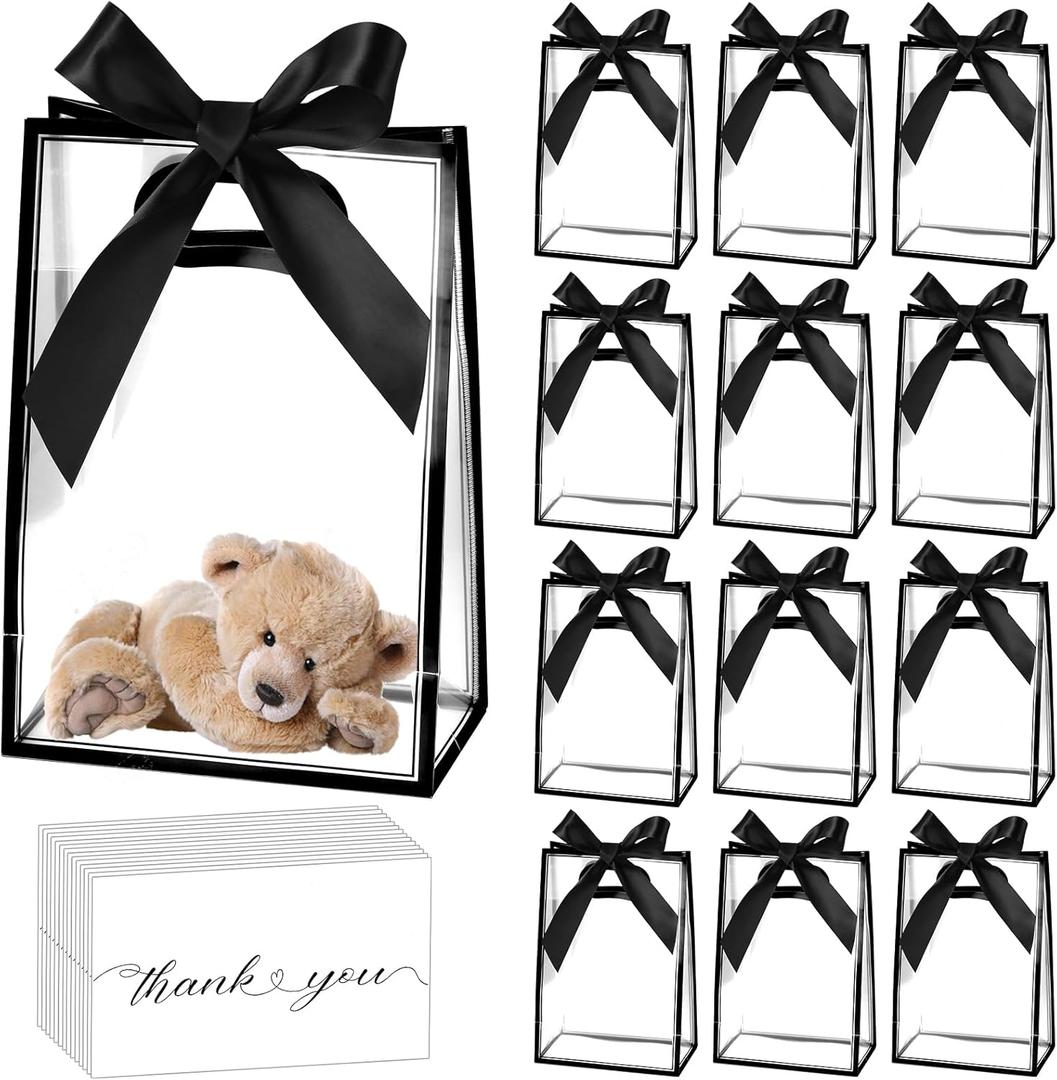 GAWBYET 24 Pcs Clear Plastic Gift Bags with Handles, Reusable Party Favor Bags With ribbons and cards for Mother's Day, Birthday, Wedding,Bachelorette Party,(7 x 10 x 3.15 Inch)