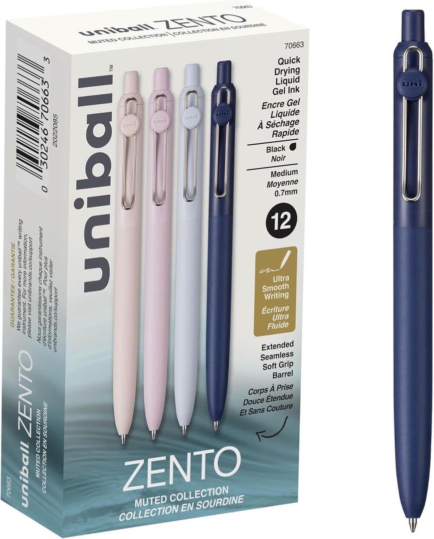 uniball Zento Liquid Gel Ink Retractable Pens, Medium Point (0.7mm), Muted Barrels, Black Ink, Dozen (1 Count (Pack of 12))