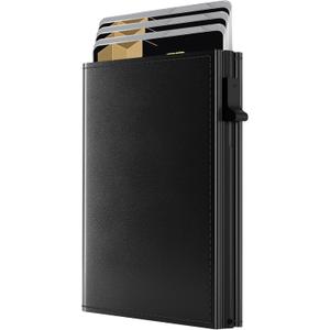 Minimalist Wallet for Men - RFID Blocking [Smart & Practical] Trifold Slim Card Holder Pop Up Wallets Metal Case for Front Pocket with Cash Slot, ID Window, Magnetic Closure (Black)