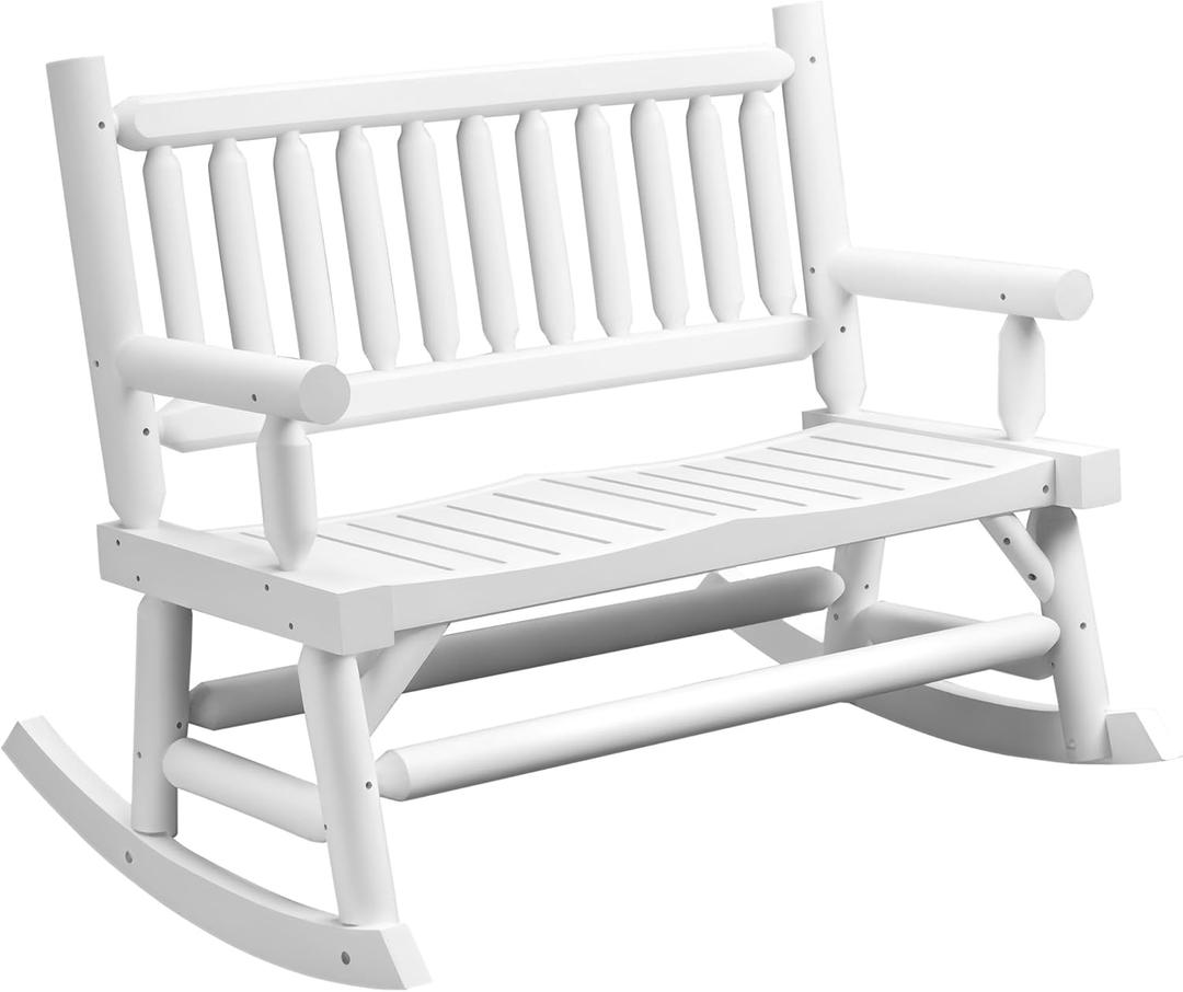 Outsunny 2-Person Wood Rocking Chair with Log Design, Heavy Duty Loveseat with Wide Curved Seats for Patio, Backyard, Garden, White