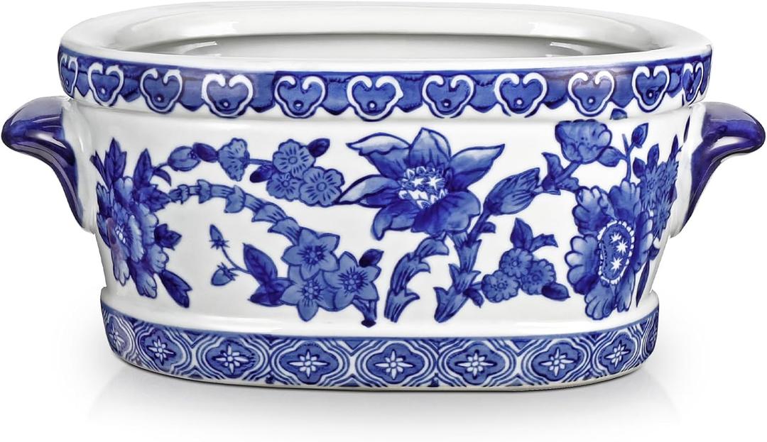Blue and White Ceramic Planter Pot Vintage Floral Oval Cachepot Vase for Indoor Plants, Flowers & Succulents Glazed Chinese Porcelain Style Decorative Bowl 7.4" Size No Drainage
