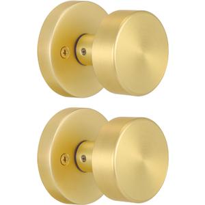 2 Pack Gold Dummy Door Knob Satin Brass Dummy Door Knobs Interior, Round Modern Door Knob Brushed Gold Dummy Door Handle Interior for Hall Pantry Closet Door Knobs