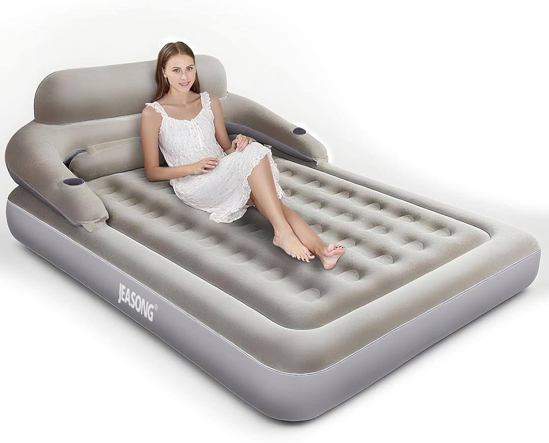 JEASONG Air Mattress with Headboard, Fast Inflation/Deflation Inflatable Airbed, 9 Inches High Blow Up Bed with Comfortable Flocked Top for Home Guest Travel Camping (Queen Grey)