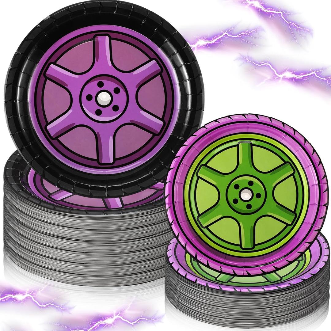 Havawish 50 Pcs Green and Purple Monster Truck Paper Plates Set, 7 in 9 in Race Car Racing Disposable Plates for Monster Truck Birthday Party Decorations Supplies, Serve 25