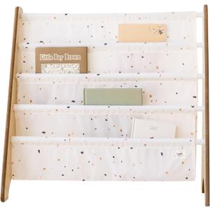 3 Sprouts Recycled Fabric Kids Bookshelf  4-Tier Sling Book Rack Organizer - Nursery Room Playroom Classroom Wooden Book Shelves - Kid Bookcase Wood Storage Shelf for Toddler Age 3+ - Terrazzo Cream
