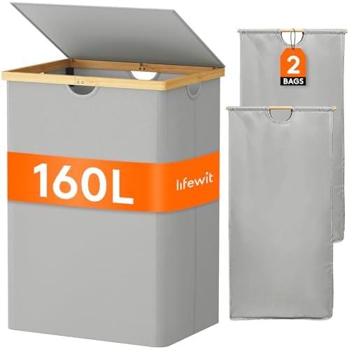 Lifewit 160L Double Laundry Hamper with Lid, Extra Large Bamboo Laundry Basket Dirty Clothes Hamper, 2 Section Laundry Bin Organizer for Laundry Room Bedroom with 2 Removable Liners & Bags,Silver Grey