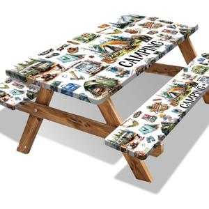 Picnic Table Cover with Bench Covers 6FT Camping Essentials Fitted Picnic Table Cloths Camping Table Cover Outdoor Elastic Picnic Tablecloth (3pcs-72")