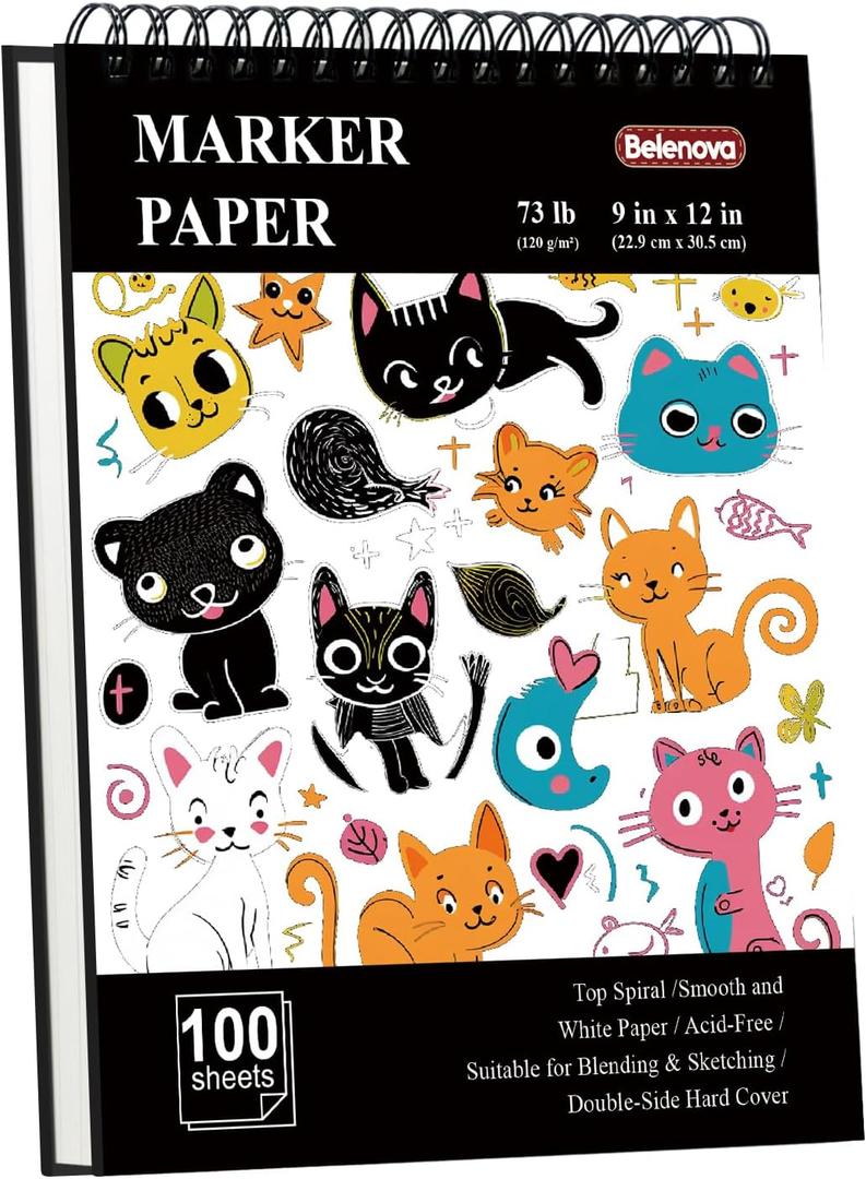 Belenova 9" x 12" Marker Paper Pad, 100 Sheets Bleedproof Sketchbook for Alcohol Markers - 73lb/120gsm Art Supplies for Drawing & Coloring (Kids/Adults) (Black)
