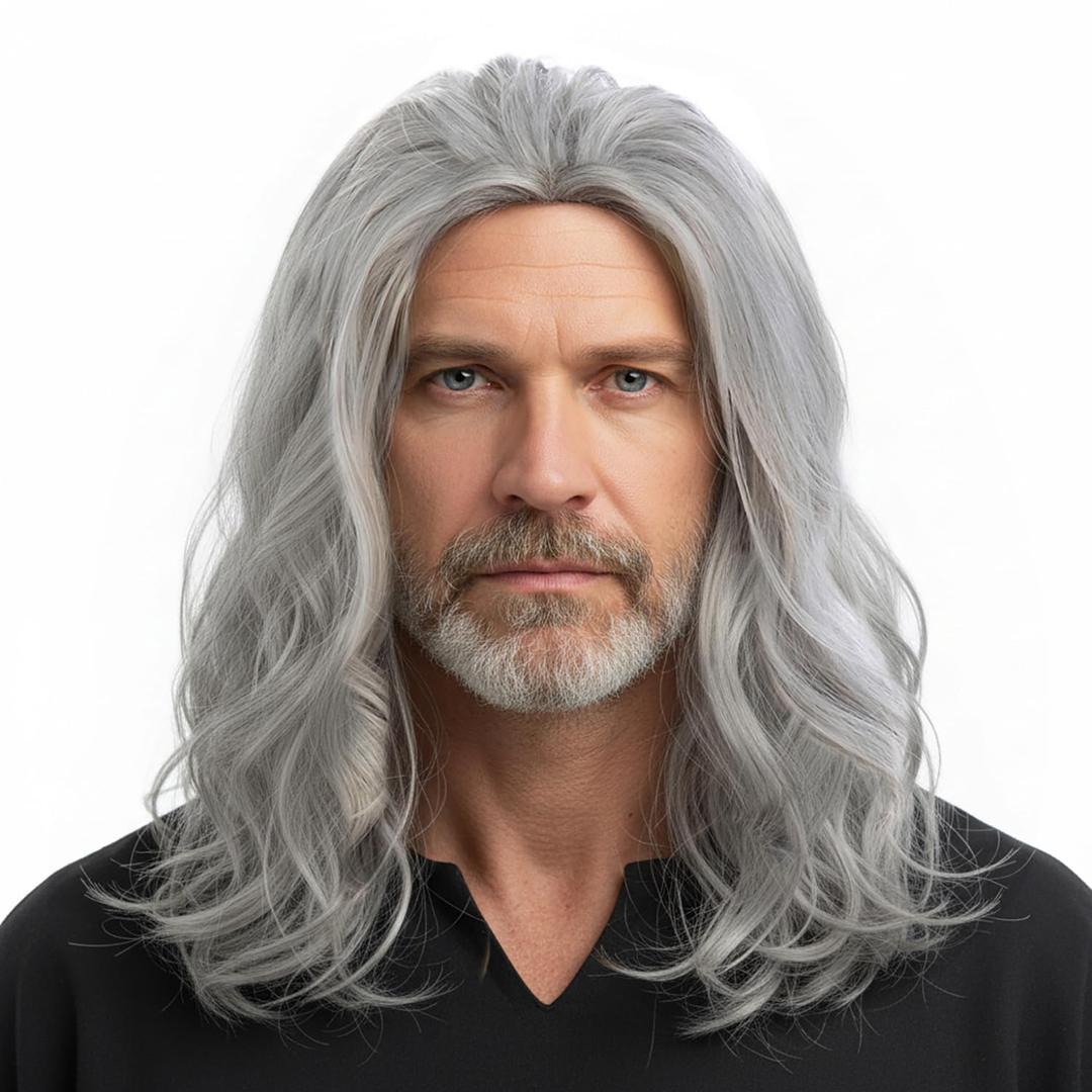 Long Curly Wavy Grey Wigs for Men Synthetic Natural Cosplay Halloween Costume Party Wig, 16inch