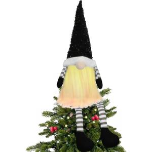 Black Christmas Tree Topper with Lights,Gnome Tree Topper Lighted Unique Tree Toppers Christmas Decorations Battery Operated Tree Topper with Timer 24.8 Inch