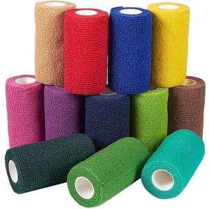 Juvale 12 Rolls Colorful Self Adhesive Bandage Wrap 4 Inch Wide x 5 Yards - Cohesive Vet Tape for First Aid, Sports, Tattoo (12 Colors) - Vet Wrap