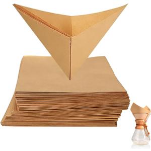 100 Count Pour Over Coffee Filters Compatible with Chemex 5-13 Cup, Unbleached, Disposable Squares Pre-Folded Paper Filter, No Paper Taste, for Pour-Over Coffeemaker Drippers