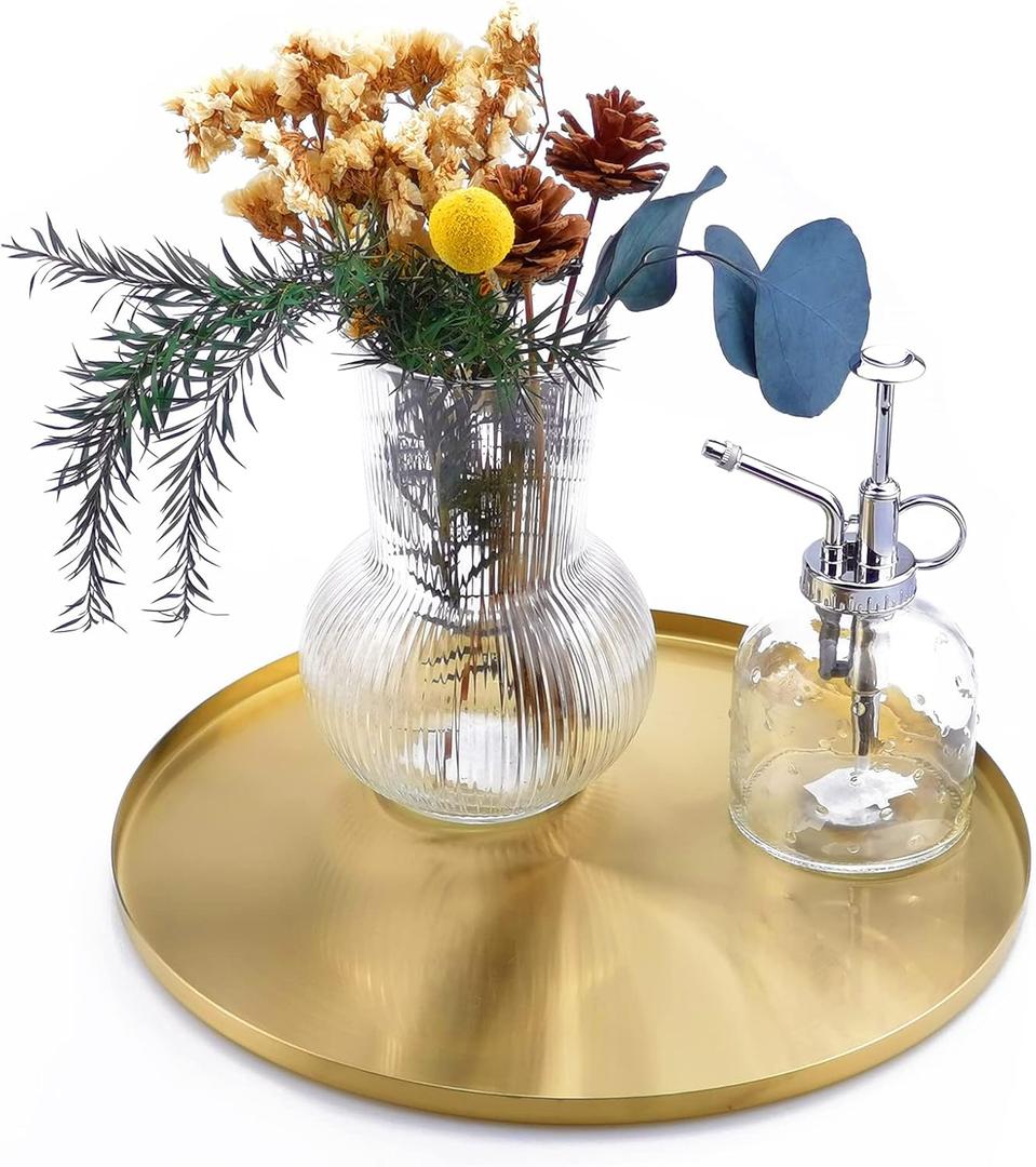 FREELOVE Gold Tray, Round Brass Serving Platter, Bar Circle Decorative Plate, Coffee Table Metal Decor Dishes, Brushed Hammered Coasters, Counter Bathroom Kitchen Dessert Cart Display Food, 12 inch (11.8")