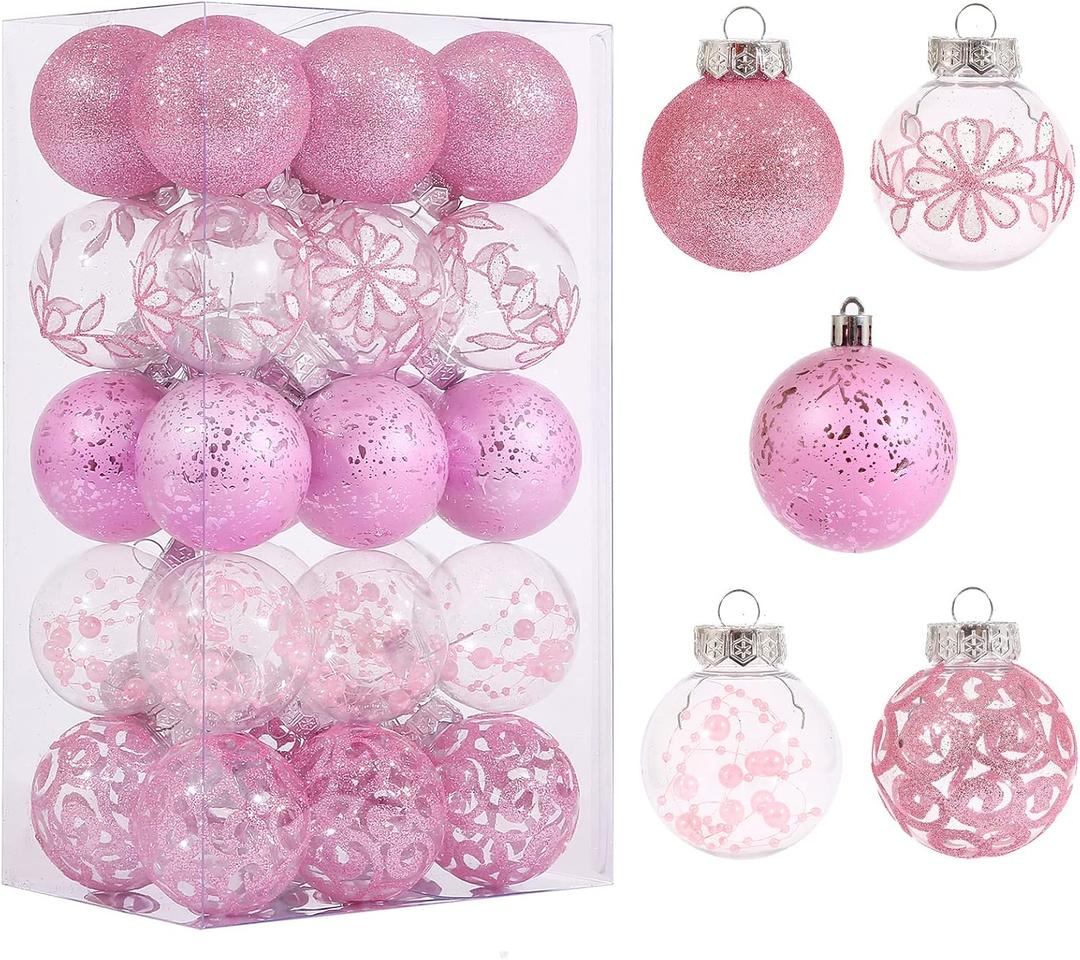 Clear Christmas Ornaments Set, 30 Ct 2.36 Inch Pink Clear Xmas Baubles for Christmas Tree Ornaments and Decorations Shatterproof Christmas Hanging Balls with Stuffed Decoration for Xmas Wedding Party