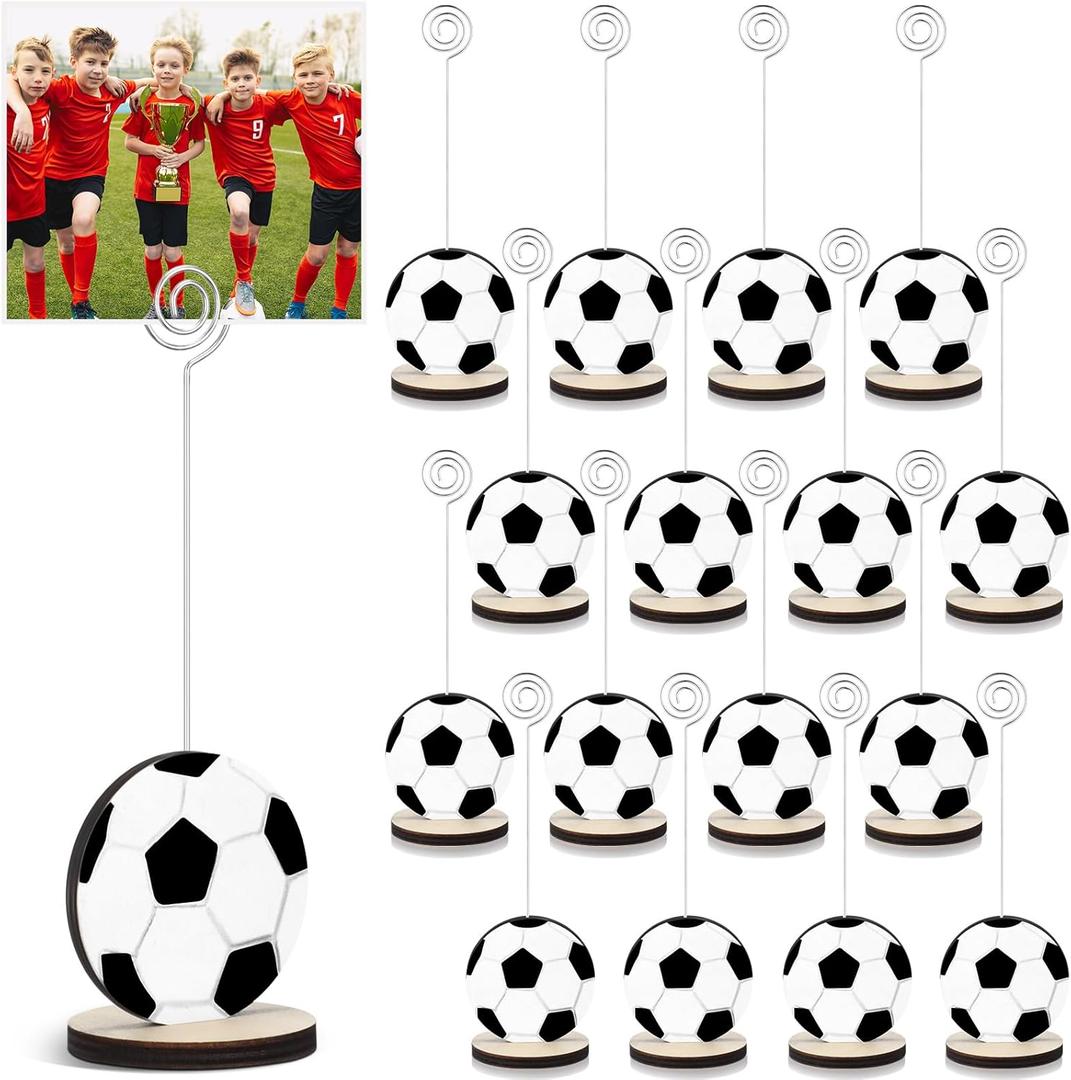 Marspark 20 Pcs Soccer Place Card Holder Sport Ball Shaped Table Number Holder Wooden Base Picture Clip Memo Stand Photo Display Clip for Christmas Tabletop Centerpieces Wedding Birthday Party