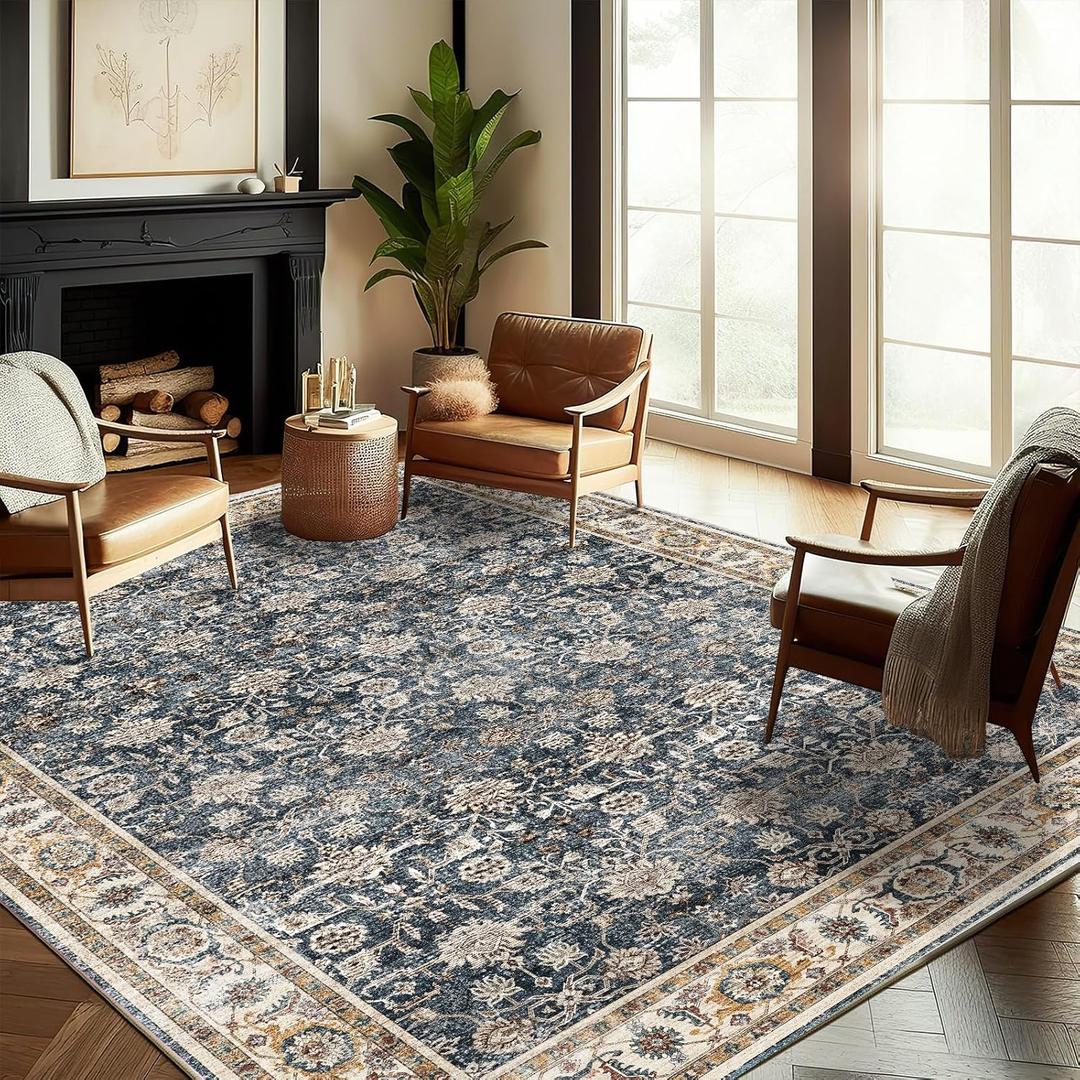 Washable Area Rug 8'x10' Retro Boho Design Non-Shedding Non-Slip Easy Care Ideal for High Traffic Areas in Living Room Bedroom Office Coffee Table Kitchen Large Carpet (Classic Distressed Blue)