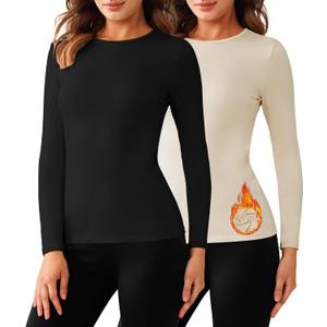 Bonneuitbebe Women's 2 Pack Long Sleeve Thermal Shirts Soft Crewneck Undershirt Tops Lightweight Base Layer Cold Weather (S)