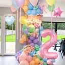 2nd Birthday Decoration for Girls,Easter Pastel Rainbow 2nd Balloon Number 2 Balloon Butterfly Stickers Star Heart Foil Balloons Banner for Baby 2 Year Old Party Decor