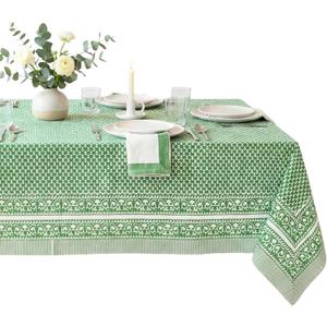 ATOSII Queen Green 100% Cotton Tablecloth, Handblock Print Rectangle Table Cover for Kitchen Dining I Tabletop Linen I Parties, Thanksgiving, Christmas, Wedding, Fall Table Cloth 60 X 108 Inches
