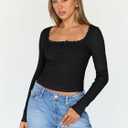 Trendy Queen Womens Long Sleeve Shirts Crop Square Neck Ribbed Tops Basic Slim Fit Y2K Fall Winter Clothes Outfits 2026 (Black)