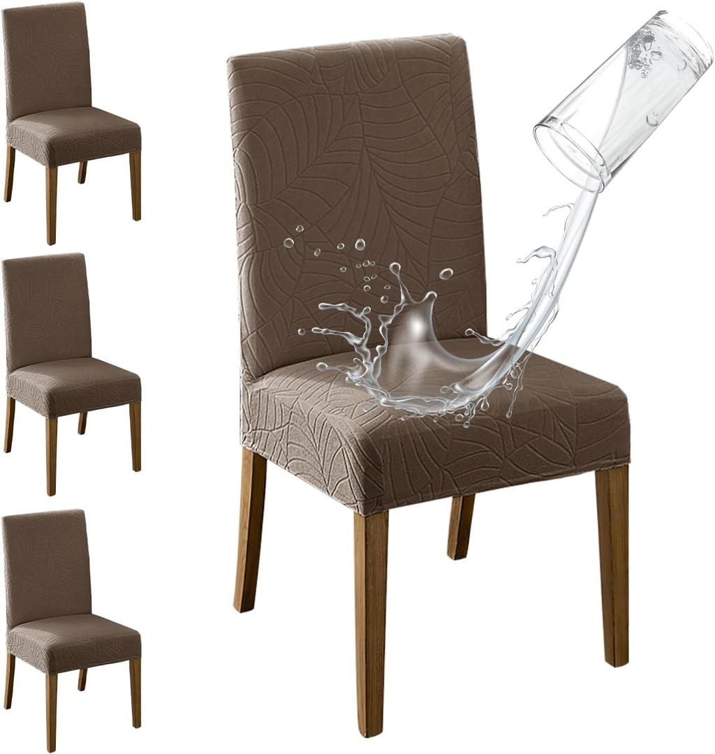MOSAYT 100% Waterproof Dining Room Chair Covers Set of 4, Super Fit Stretch Jacquard Parson Chairs Slipcovers Removable Washable Chair Seat Protectors for Home, Kitchen, Banquet (Taupe - XL)