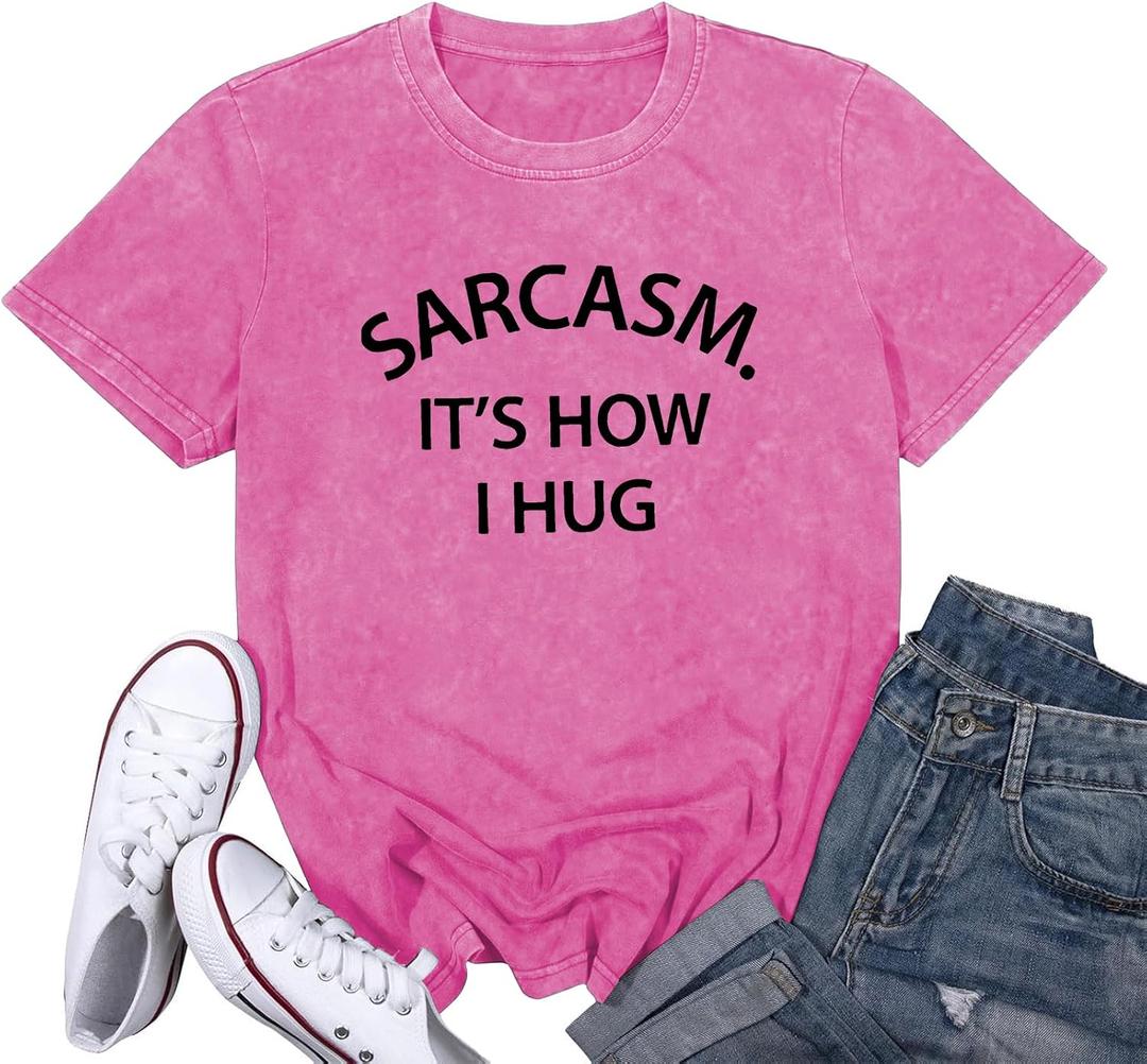 Dauocie Women's Washed Vintage Don't Be A Richard Sarcasm It's How I Hug Print T Shirt (Pink, M)