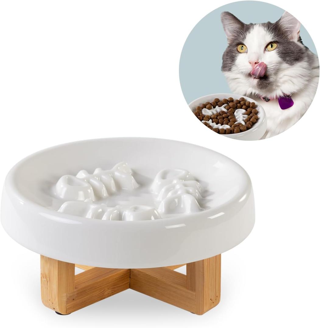 VSHOW Ceramic Cat Feeder Bowl with Stand, Slow Eating, Healthy Diet, 8.4x3x8.4 inches, 2.0 lbs, Medium, All Life Stages, Bone-White, Feeder for Indoor Pets