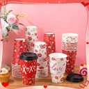 50 Pcs Disposable Paper Cups with Lids and Sleeves 16 oz Red White Hearts Paper Coffee Cups for Wedding Anniversary Party Supplies