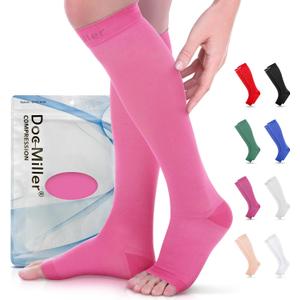 Doc Miller Open Toe Compression Socks for Women & Men 1520 mmHg, Knee High Calf Support Sleeves, Graduated Stockings for Swelling Recovery, Circulation, 1 Pair (X-Large Regular, Pink)