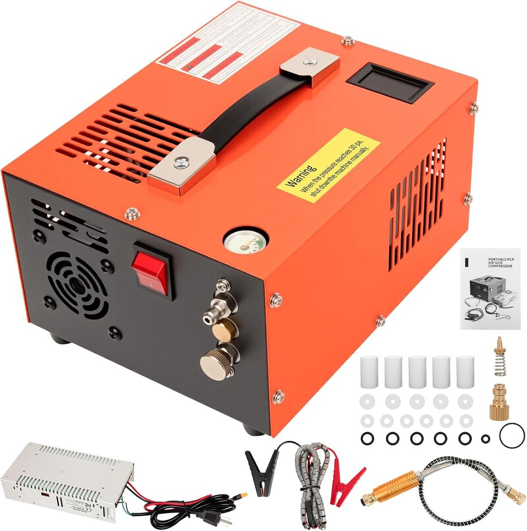 PCP Air Compressor, 4500PSI Portable PCP Compressor, 12V DC/110V AC PCP Airgun Compressor Manual-stop, w/External Power Adapter, Built-in Fan, Suitable for Paintball, PCP Rifle, Pistol, Scuba Bottle