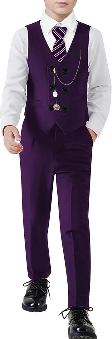 ZOEREA Boys Suit Formal Dress Clothes Big Boy Wedding Outfit Vest+Pants+Dress Shirt+Chain+Adjustable Tie 6-10Y (6-7 Years, Purple)