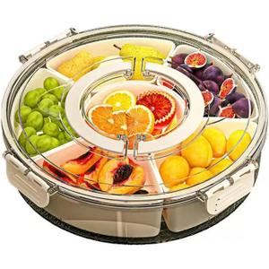 Divided Serving Tray with Lid and Handle,6 Compartments Portable Divided Snackle Box Container,Round Portable Snack Tray Veggie Tray with Lid,Clear Lazy Susan Snack Box for Fruit,Veggie,Candy,Nuts