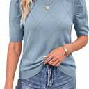 Dokotoo Women's Short Puff Sleeve Tops 2026 Crewneck Pullover Sweater | Spring, Summer, Elegant, Fashion, Casual, Crochet Tops for Women, Solid Color, Fall Outfits (Blue, XL)