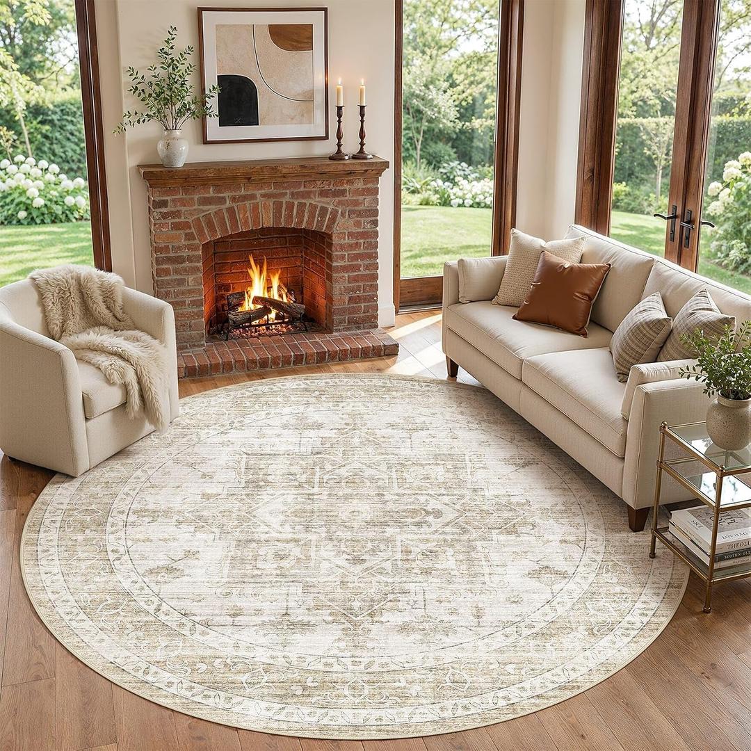 10ft Round Rugs for Living Room: Washable Neutral Beige Area Rug