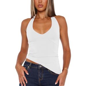 Floral Find Womens Sexy Sleeveless V-Neck Halter Top Backless Slim Fitted Summer Crop Tee Basic Cami Shirt, White, Large (White, L)