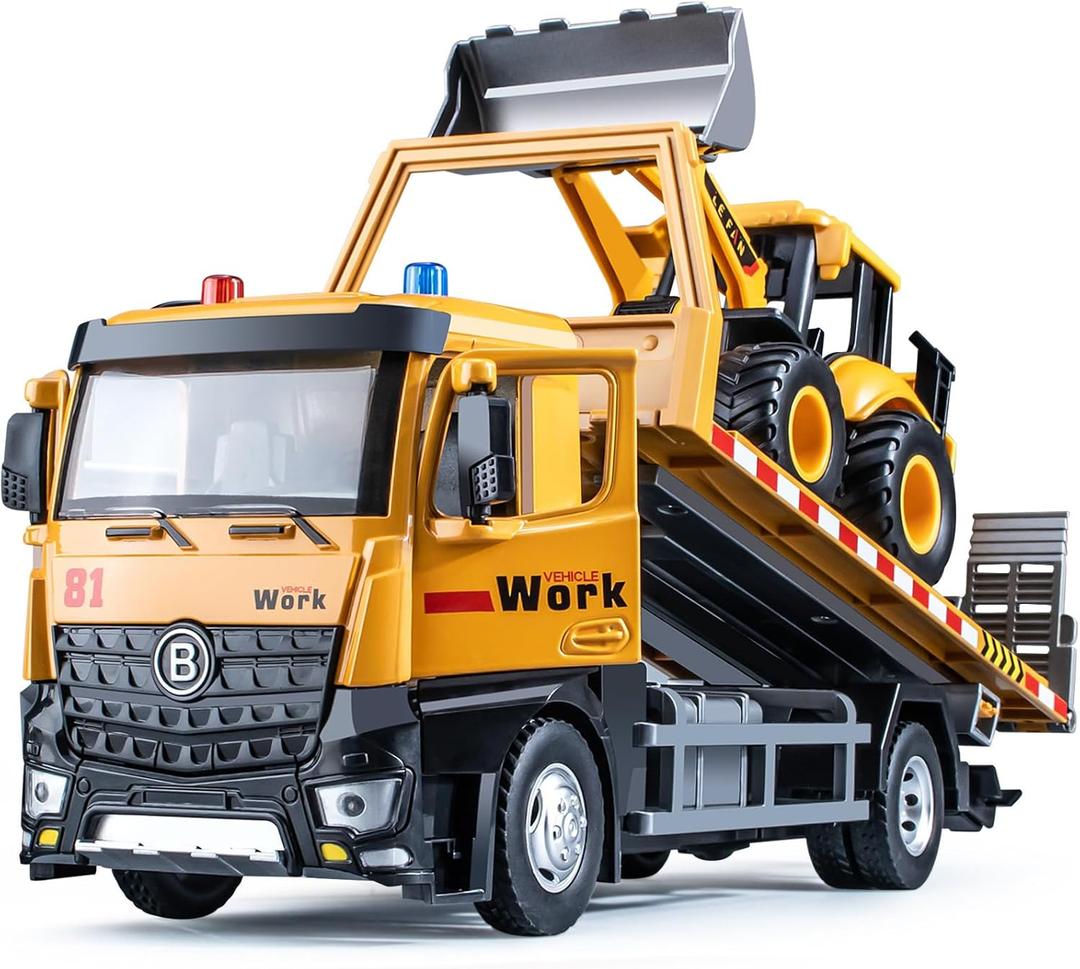 HAPYAD Tow Truck Toy Metal Cab, Flatbed Tow Truck Toys for Boys with Backhoe Loader, Friction Powered Transport Trailers with Lights and Siren Sounds, Construction Vehicles for Kids 12.5"