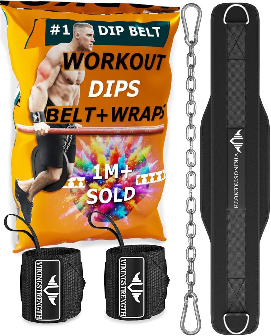 Vikingstrength Dip Belt for Weight Lifting Including Wrist Wraps. Premium Padded Dips Belt with Long Chain for Pullups Triceps Weighted belt for Workout Powerlifting + V-Strength Workout App