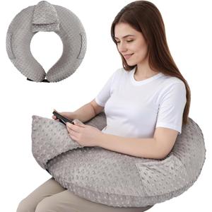 COOLBEBE Reading Pillow for Gaming, Arm Rest Support Pillow, U-Shaped Lap Pillow for Bed & Sofa, Compact Gaming Pillow with Tablet Support for Reading, Crocheting (Grey)