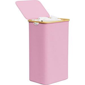 SpaceAid Laundry Hamper with Lid, 110L Large Tall Clothes Basket Bin with Bamboo Handles, Collapsible Laundry Hamper for Bedroom, Bathroom, Dorm, Laundry Room - Pink