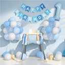 First Birthday Decorations for Boy - Complete Party Set with High Chair Banner, Number 1 Balloon, One Cake Topper, Crown, Balloons & Birthday Banner(Blue)