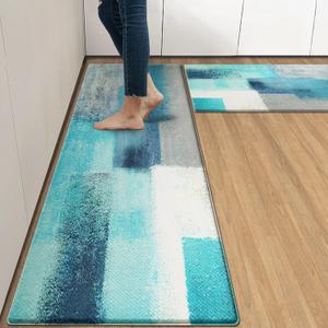 Arttown Teal Anti-Fatigue Kitchen Rug Set of 2 Grey Abstract Cushioned Floor Standing Mat Waterproof Non-Slip Mat and PVC Ergonomic Comfort Foam Rug (17.3 x 47 inch + 17.3 x 29 in)