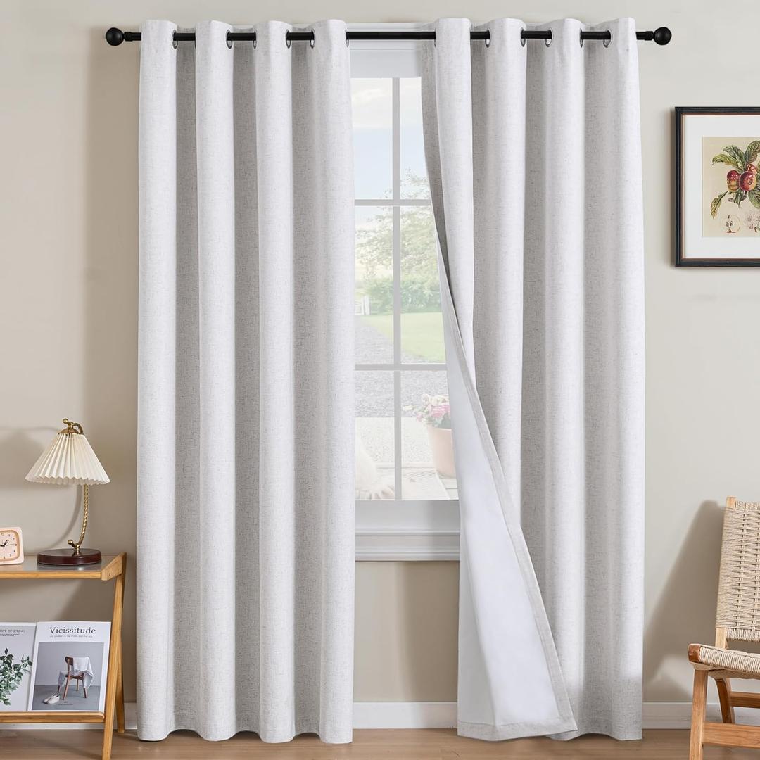 H.VERSAILTEX Linen Curtains 100% Blackout Curtains for Bedroom 102 inch Long Full Light Blocking Nature Linen Blended Window Curtains for Living Room Nickel Grommet (2 Panels, Heathered White)