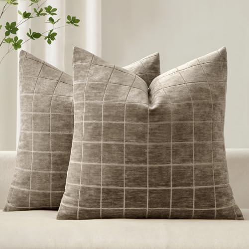 MIULEE Decorative Chenille Check Euro Shams Throw Pillow Covers Vintage Plaid Couch Pillows 26x26 Inch Set of 2 Neutral Boho Cushion Covers Modern Spring Decor for Sofa Bed Living Room Taupe Grey