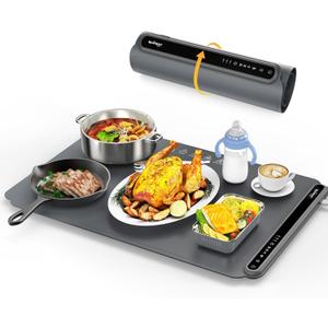 Food Warming Mat, Fast Heating Warming Mat for Food, Portable Electric Warming Tray for Parties Buffet with 4 Hours Timer Setting, Roll Up Food Warmer Mat, 24.5"D x 16.5"W, Gray