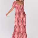 ANRABESS Women's Boho Maxi Dresses 2025 Summer Casual Floral Puff Short Sleeve Tie Front Flowy Swing Tiered Long Beach Dress (Red, M)