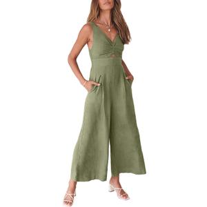 ANRABESS Women's Summer Wide Leg Linen Jumpsuits Dressy V Neck Sleeveless Casual Pants Rompers 2024 Vacation Beach Outfits, Olive, Small 