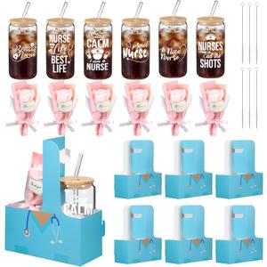 FoldTier 6 Set Nurse Appreciation Gifts Nurse Week Gift, 16oz Glass Cups with Lids Straws Brushes, Artificial Flower Bouquet and Carry Boxes Thank You Gift for Rn Practitioner Holiday Present